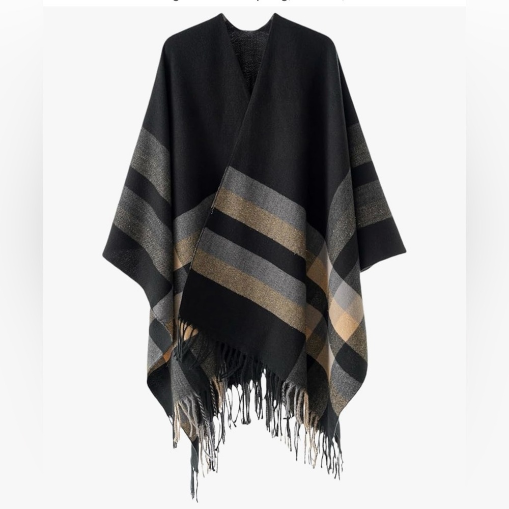 Striped Black, Beige, and Gray Poncho